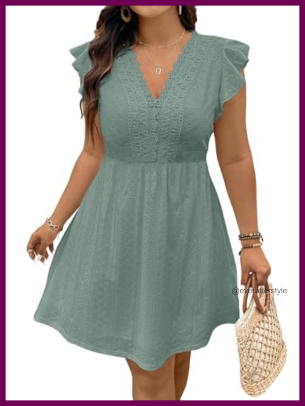 Plus Size Mini A-Line Dress Ruffle Cap Sleeve Eyelet V Neck Summer Casual